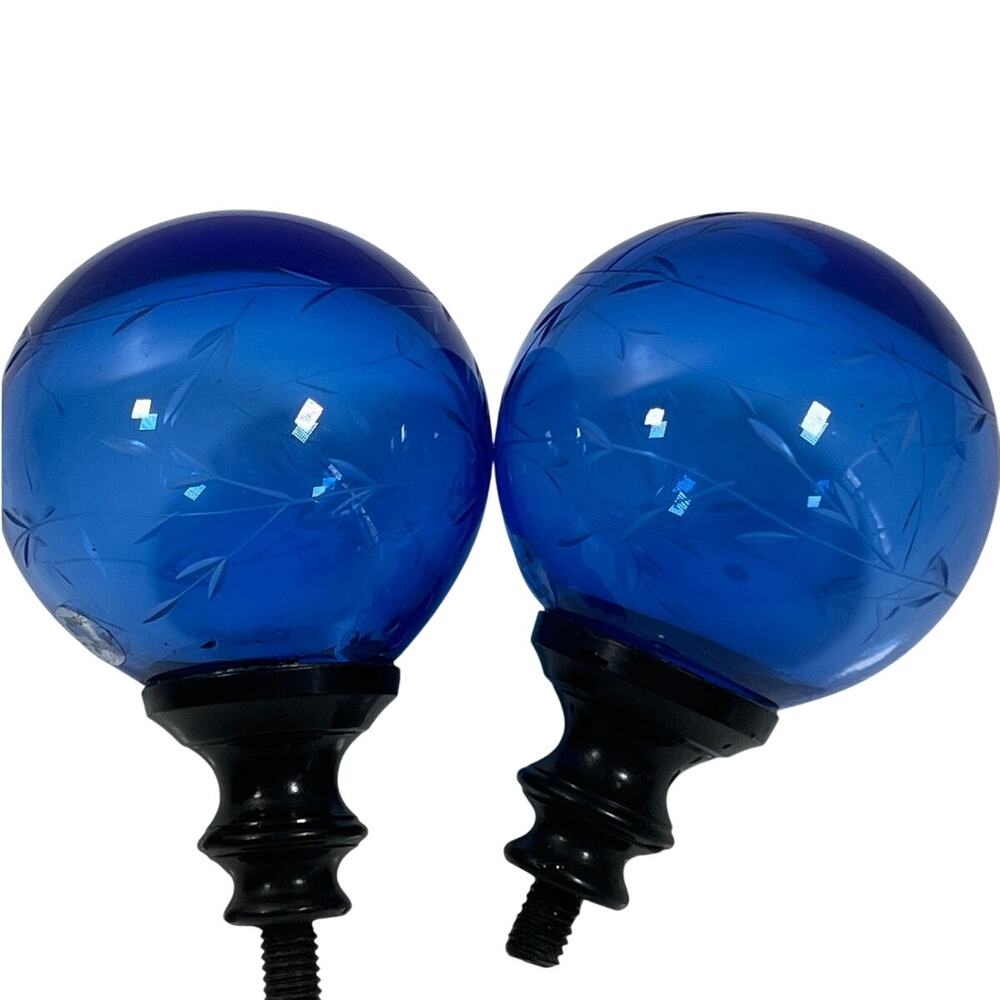 Vintage Cobalt Blue Etched Blown Glass Screw Finials Lamp Bedpost Frame Light